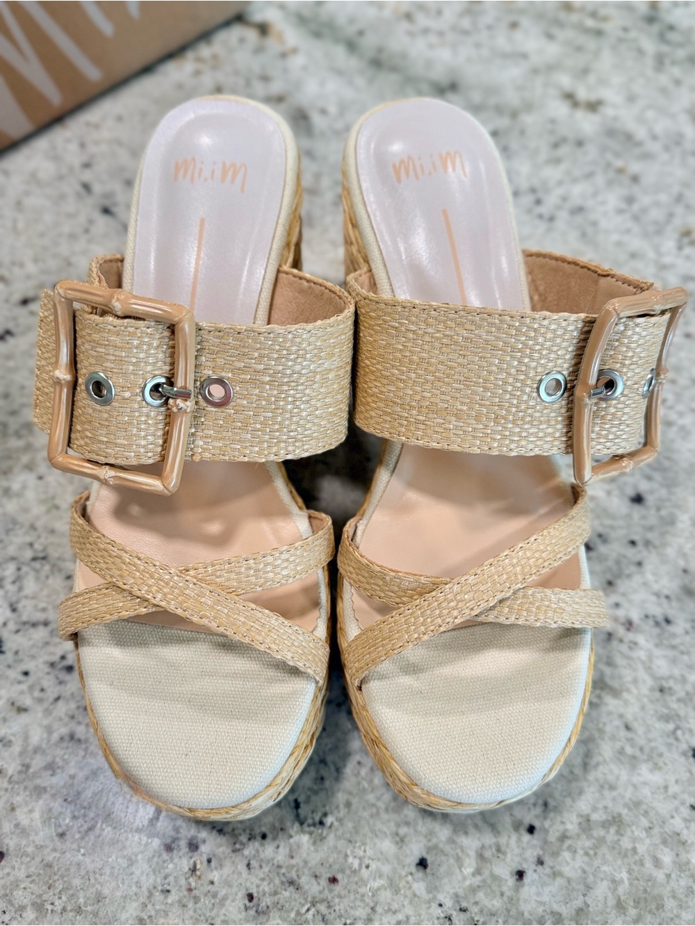 Mi.iM "Edwina" Natural Beige Woven Espadrille Wedge Sandals NIB